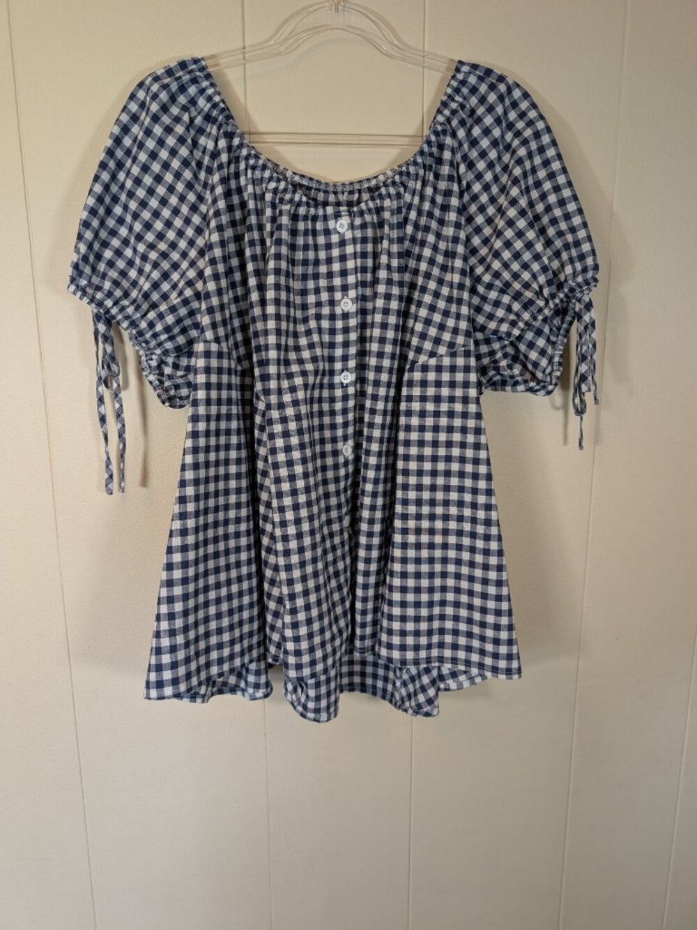 BLUE GINGHAM Babydoll Blouse 2XL Puff Sleeve Cottagecore Peasant Tie